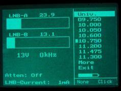 a.5 SATLOOK MICRO detail na menu vyberu LOF LNB a dva bargrafy hrubej signalnej urovne pre LNB1 a LNB2