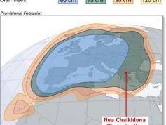 Vyzarovaci diagram Astra 1KR 19E pre STV 1 a TA 3 pre miesto prijmu NEA CHALKIDONA 20 Km od mesta Thessaloniki c1